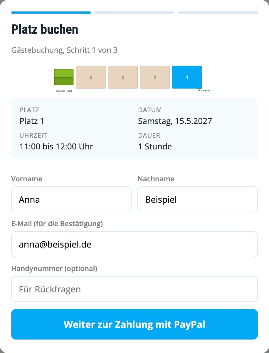 Vorschau: Fenster Platz buchen mit Platz, Datum, Uhrzeit und den Feldern für Name und E-Mail